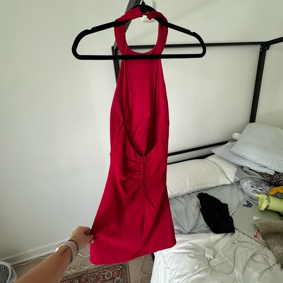 Red halter neck dress with ruching on the front and back - Picture 2 of 3